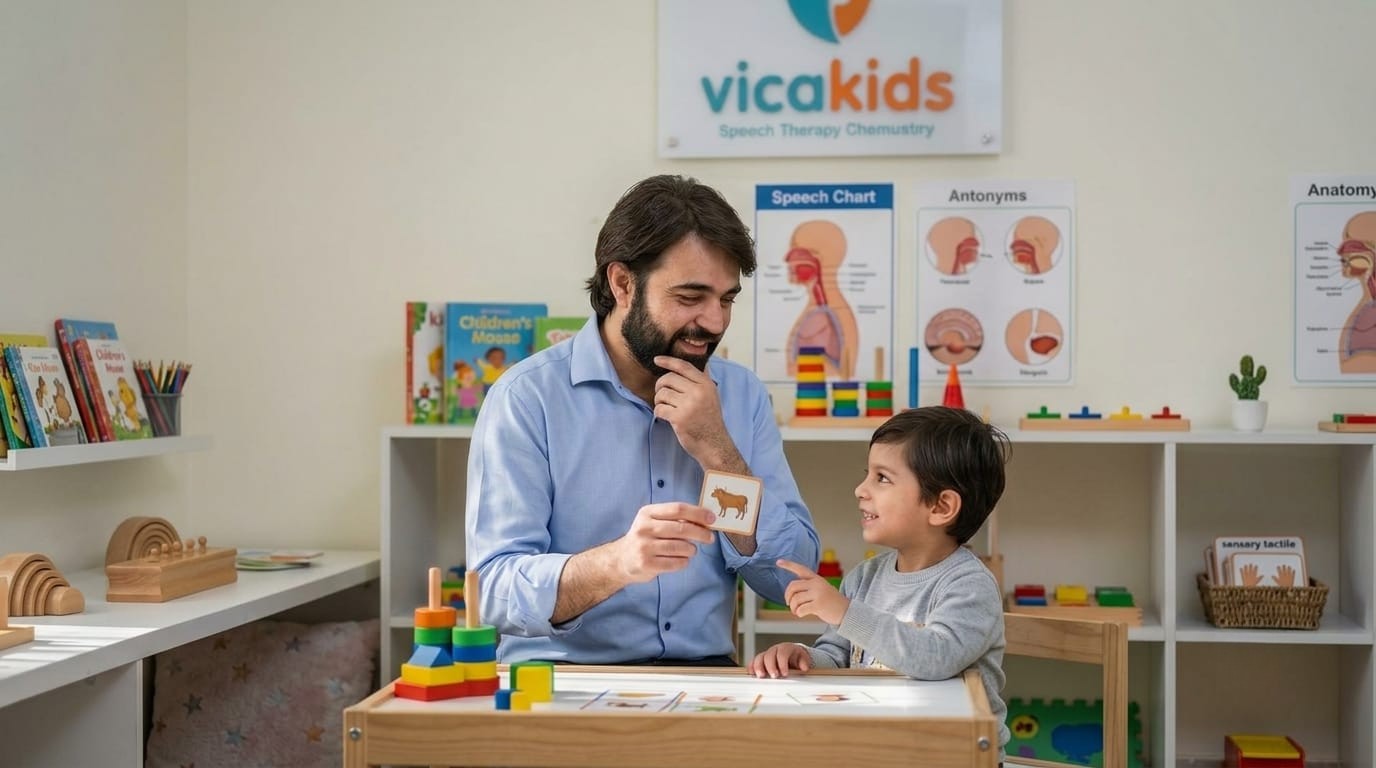 Child in online speech therapy session with clinician